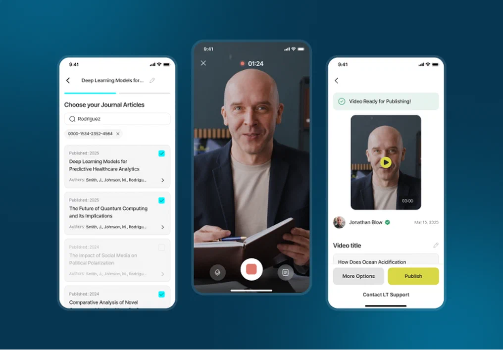 Three smartphone screens showing a video app interface: one for selecting articles, one …