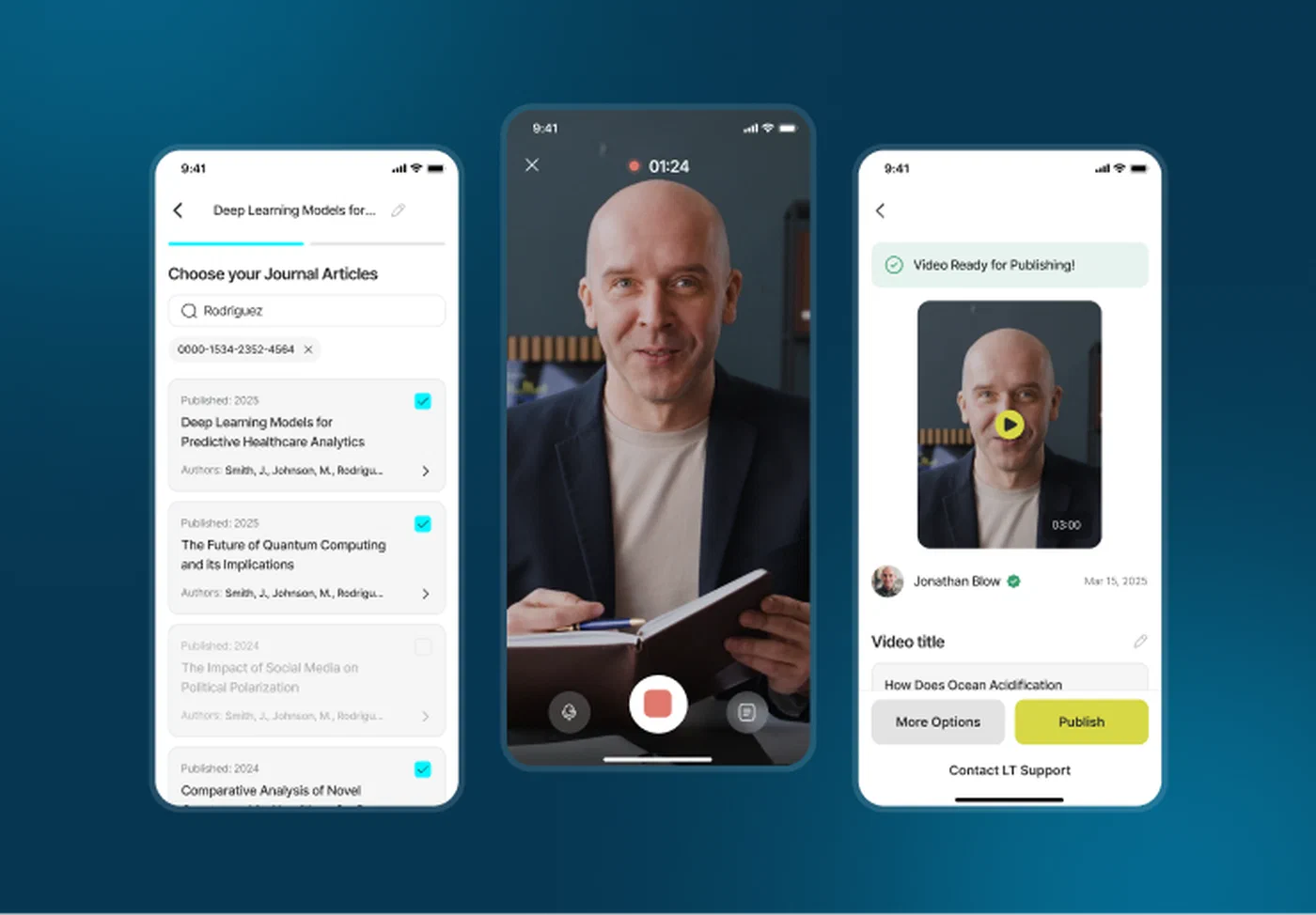 Three smartphone screens showing a video app interface: one for selecting articles, one …